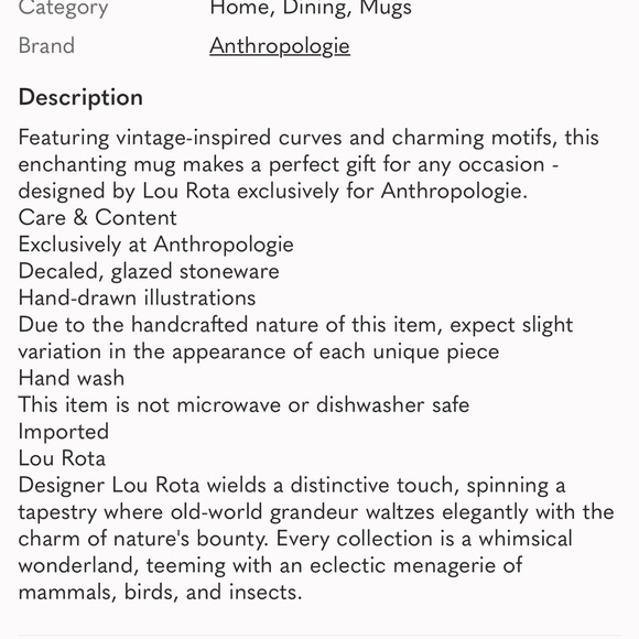 NWT "NATURE TABLE" Mug By Lou Rota - Picture 3 of 3